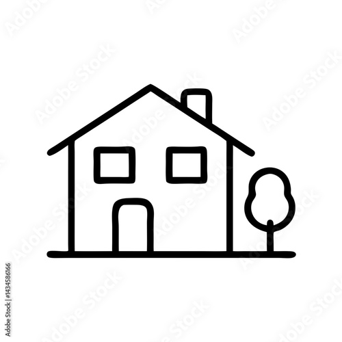Simple Line Drawing of a House with Tree, icon, vector