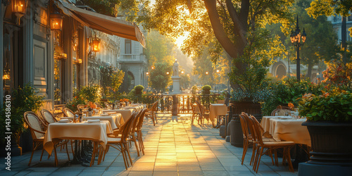 Charming outdoor cafe terrace bathed in golden summer sunlight surrounded by lush greenery