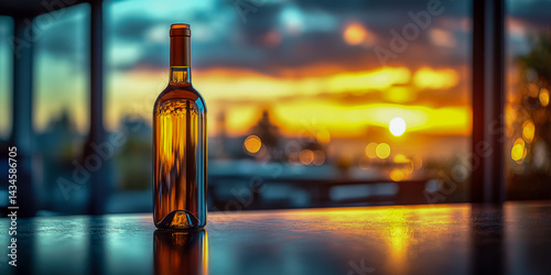 Empty wine bottle stands alone reflecting a vibrant summer sunset with warm hues and blurred city skyline in the background