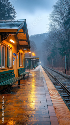 Empty summer train platform with wet surfaces reflecting light in a quiet, serene setting