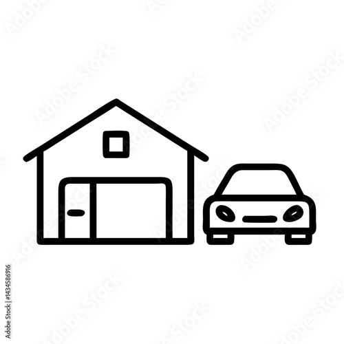 Outline of a house with a garage and a car beside it, icon, vector   
