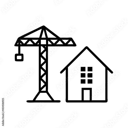 Construction crane and house outline illustration, icon, vector   