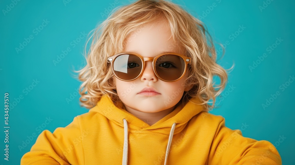 A charming toddler in a yellow hoodie and stylish sunglasses poses confidently against a turquoise background, embodying youthful spirit and modern fashion trends.