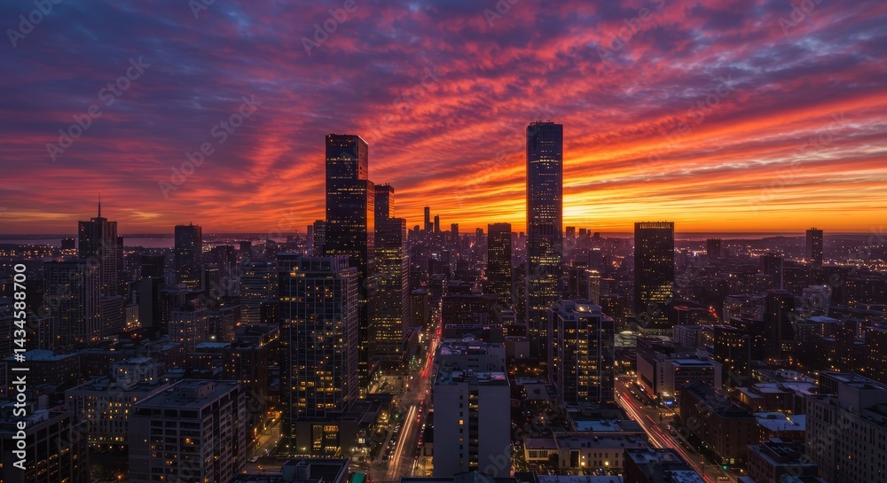 Obraz premium Urban Sunset Cityscape Panorama - Vibrant sunset colors paint the sky above a modern city. Symbols of ambition, progress, beauty, energy, and hope are depicted