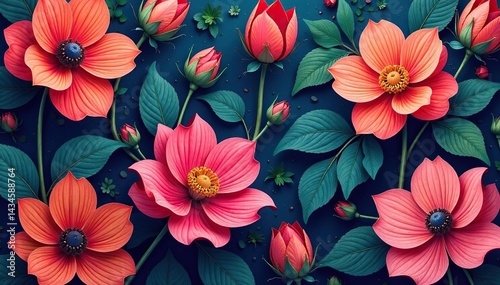 Wallpaper Mural Intricate repeating blossom motif, lush vibrant hues, graphics, garden, design Torontodigital.ca
