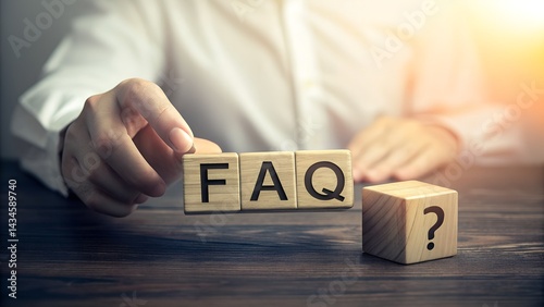 FAQ question: An inquisitive hand delicately arranges wooden blocks spelling "FAQ," and beside, a question mark, emphasizing inquiry and knowledge. The scene is a study in information, communication.
