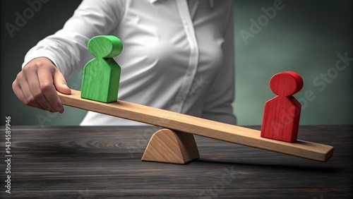 Weighing the balance: Conceptual imagery of an unseen woman, meticulously assessing and balancing a wooden seesaw with two symbolic figures, capturing the essence of fair and critical decision-making.