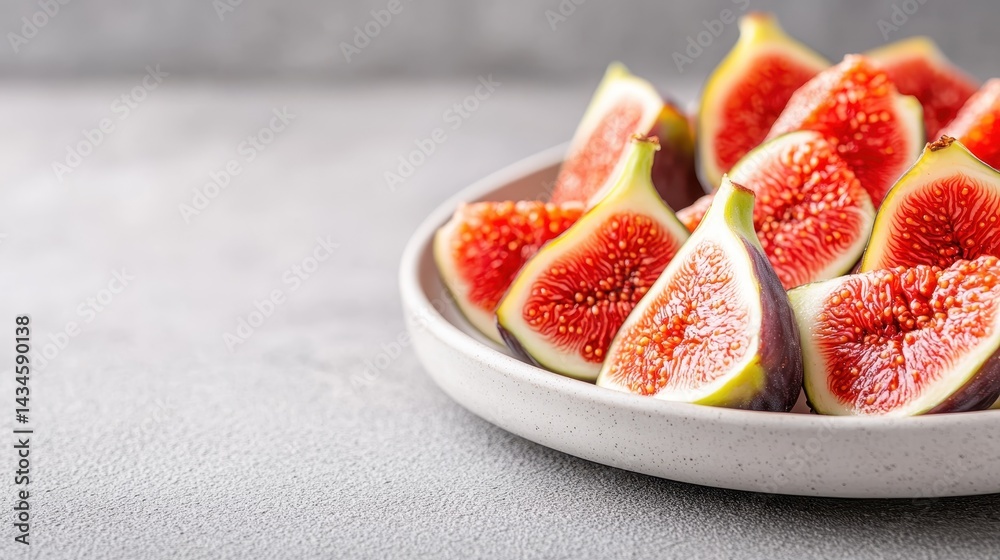 An artistic arrangement of beautifully sliced figs on a plate, accentuated by their unique colors and a fresh sprig of green, creating a visually appealing gourmet treat. An artistic arrangement of beautifully sliced figs on a plate, accentuated by their unique colors and a fresh sprig of green, creating a visually appealing gourmet treat.