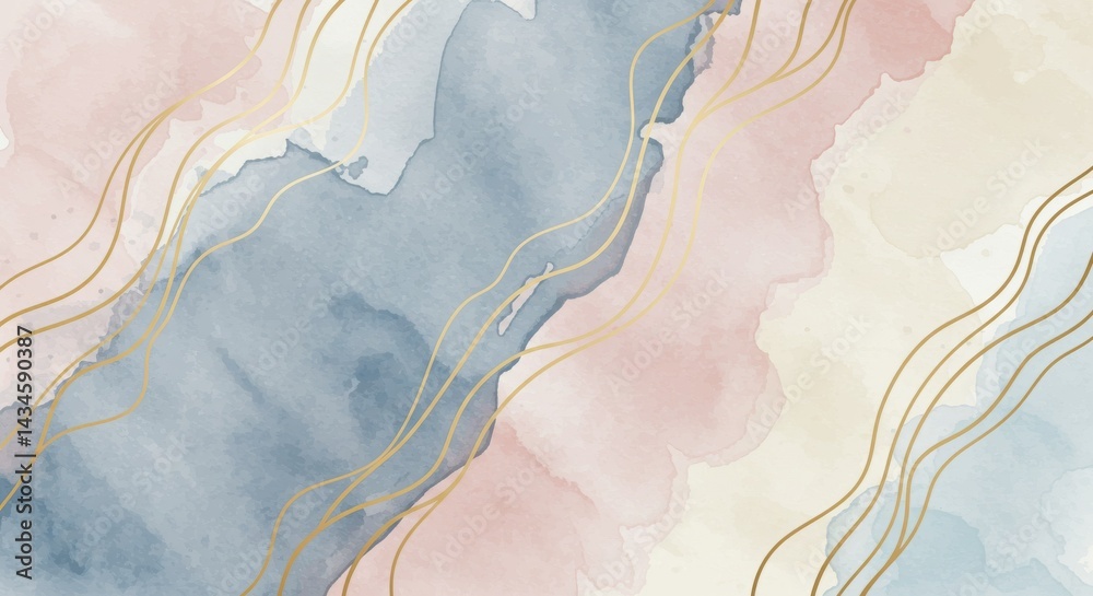 Fototapeta premium Watercolor Abstract Gold Lines WA7819 - Elegant watercolor painting with soft pink, blue, and beige tones. Features delicate gold lines, creating a flowing, luxurious design. Symbolizes serenity