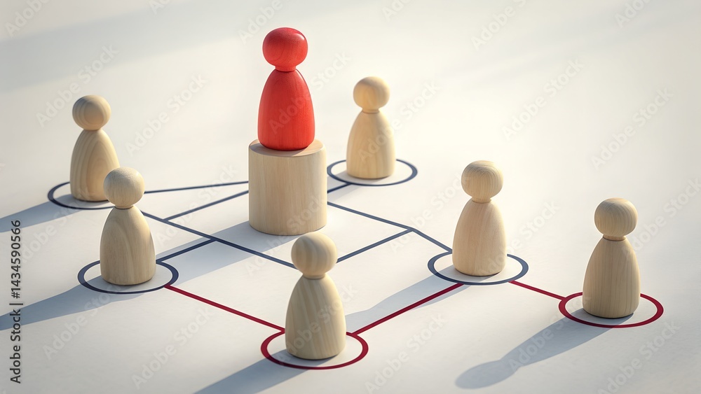 Obraz premium Leadership and Teamwork: A visual representation of leadership and collaboration, with a red figure representing the leader positioned above other wooden figures.