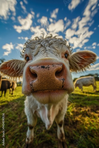 A white cow with a pink nose looks directly at the camera in a field