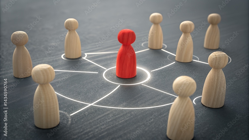Obraz premium Networking Wooden Figurines: A visually striking depiction of a network, with a vibrant red figure at its center, surrounded by wooden figures.