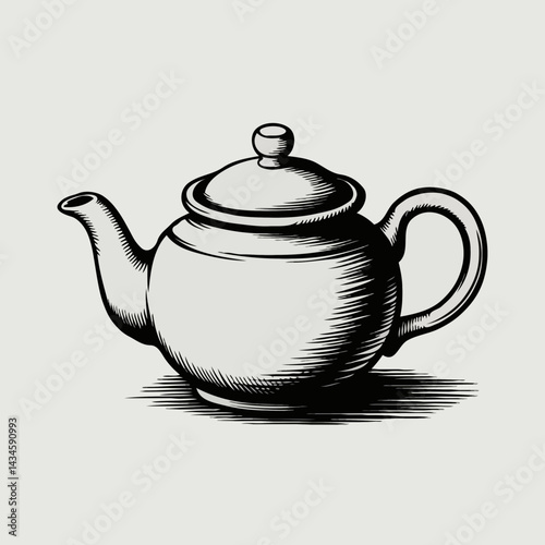 Vintage teapot illustration in black and white on a light background  