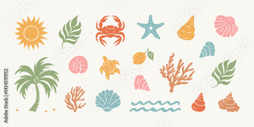 Vintage vector summer set with hand-drawn boho palm tree, sun, sea, shells, coral, and crab in a groovy naive style. Perfect for surf clubs, vacations, travel, and tropical-themed prints.