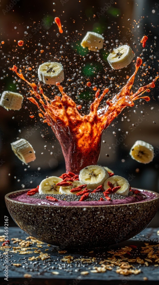 A dynamic shot of an acai bowl explosion showcasing fresh bananas and berries in a colorful presentation. A dynamic shot of an acai bowl explosion showcasing fresh bananas and berries in a colorful presentation.