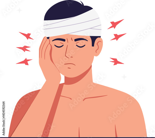 Man with Headache and Head Bandage Feeling Painful Vector Illustration Showing Discomfort and Health Issue 