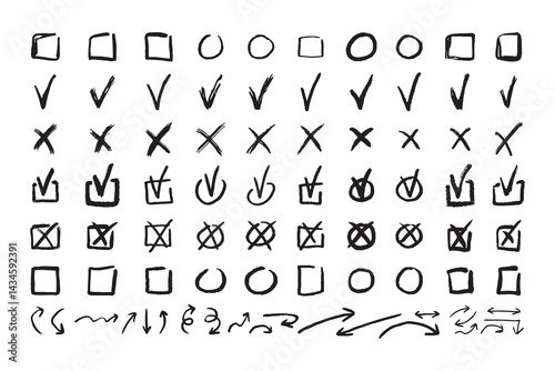 Check marks doodle black line element set, tick and a cross, empty thin box and arrow sign. Grunge hand drawn style