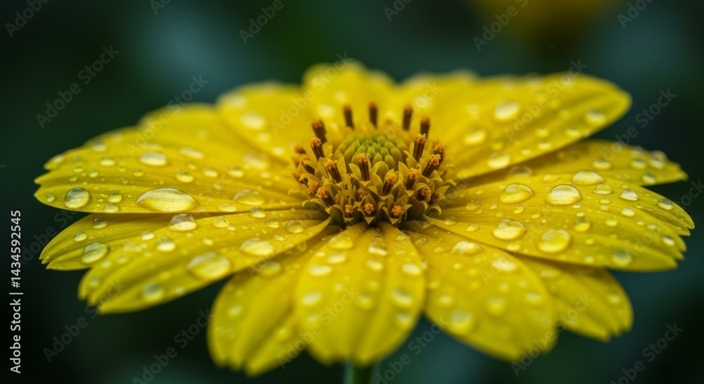 Obraz premium Yellow Flower Dew Drops Close Up - Freshness, purity, nature's beauty, new beginnings, vibrant life. A close-up of a yellow flower covered in water droplets