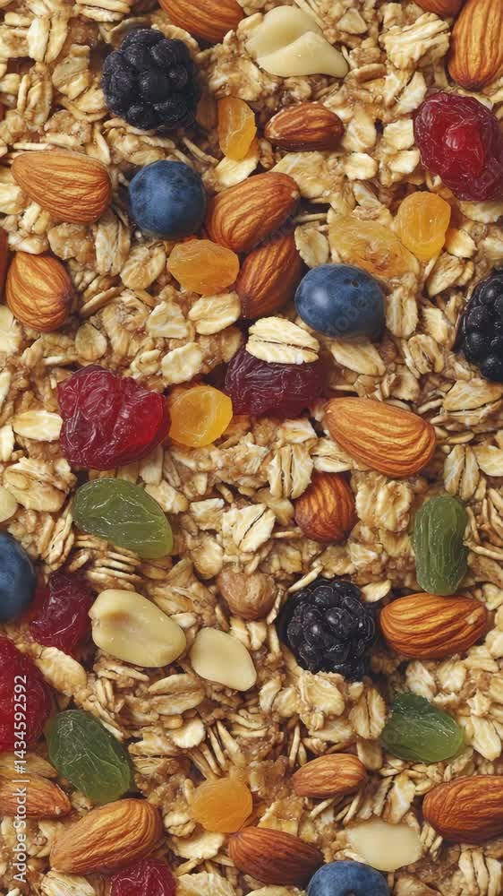 Close up view of granola mixture with oats, almonds, and various dried and fresh fruits like blueberries and blackberries
