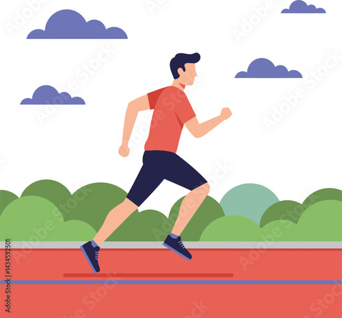 Male runner jogging on outdoor track with blue sky and green bushes in a healthy lifestyle scene 