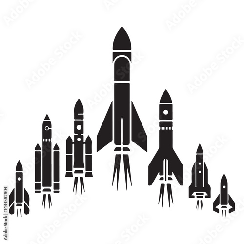 Futuristic Rocket Silhouettes – Solid Black Spacecraft Vector Icons on White Background

