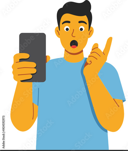 Man with surprised expression holding smartphone pointing finger vector illustration in blue shirt digital device usage 