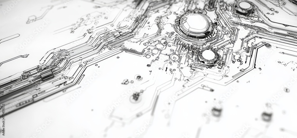 Fototapeta premium Technical circuit drawings set against an abstract black and white background
