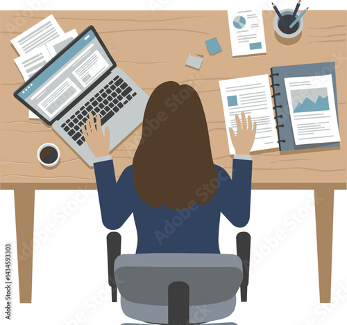 Woman working on laptop and documents in office setting with coffee cup and stationery on wooden desk 