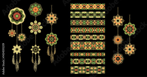 Set of Golden calligraphic floral ornaments, dreamcatchers,  border vector pattern, ornamental laced design