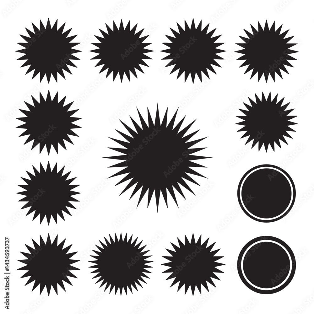 Black Silhouette Badge and Burst Shape Collection – Clean Vector Icons on White Background
Black Silhouette Badge and Burst Shape Collection – Clean Vector Icons on White Background