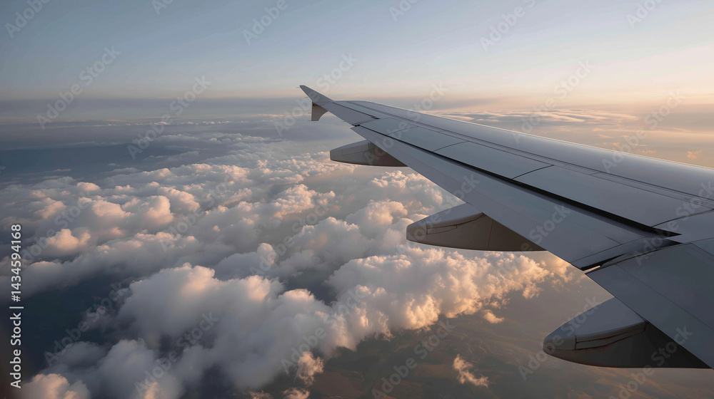 Obraz premium Golden Hour View from Airplane Window with Clouds and Wing