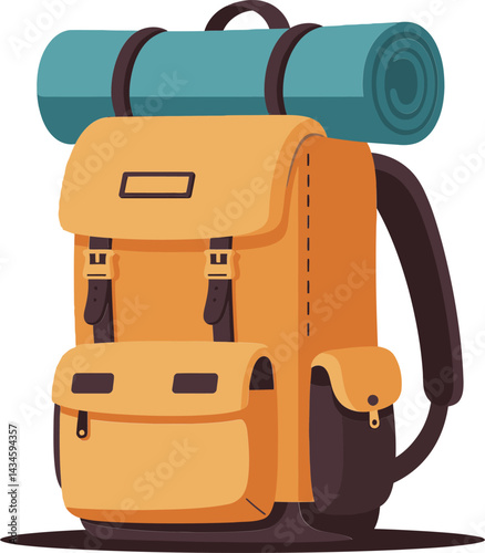 Outdoor hiking backpack with rolled sleeping mat vector illustration in flat style for travel and camping gear design 