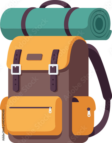 Hiking backpack with rolled sleeping mat outdoor camping gear illustration design 
