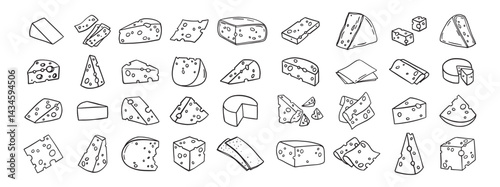 Cheese Doodle hand drawn line icon set. Different piece slice cheese for menu, design restaurant, cafe