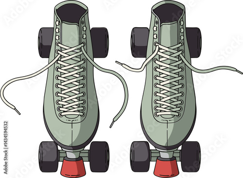 Retro green roller skates with laces and black wheels top view vector illustration for leisure and sports activities 