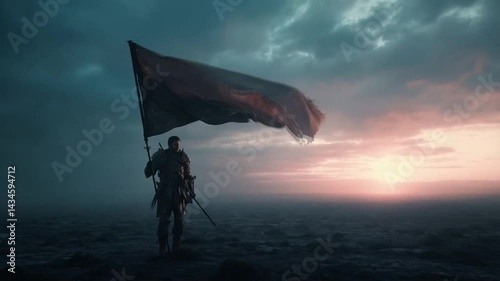 A man stands in a desert holding a flag that is torn and tattered