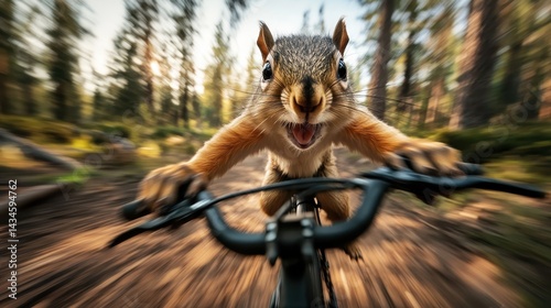 A lively image of a squirrel passionately pedaling a bicycle down a forest path, highlighting its energetic nature and love for adventure among the trees. photo