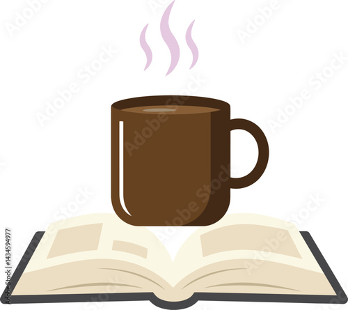 Coffee cup with steam rising on open book flat vector illustration for cozy reading and relaxation theme