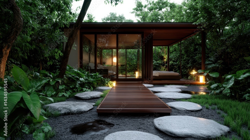 Obraz premium A peaceful modern dwelling nestled amongst greenery, highlighting harmony between architecture and nature, ideal for relaxation and a tranquil lifestyle.