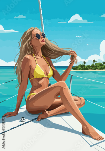 flat vector illustration of a girl relaxing on a yacht. Perfect for vacation, travel, and leisure-themed projects. This stylish design captures the essence of a luxurious summer getaway