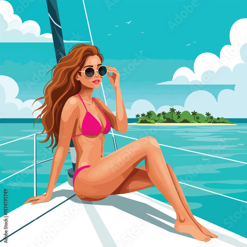 flat vector illustration of a girl relaxing on a yacht. Perfect for vacation, travel, and leisure-themed projects. This stylish design captures the essence of a luxurious summer getaway