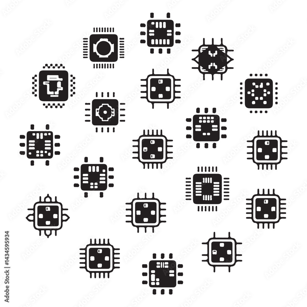 AI Chip Silhouettes – Solid Black Vector Icons on White Background
AI Chip Silhouettes – Solid Black Vector Icons on White Background