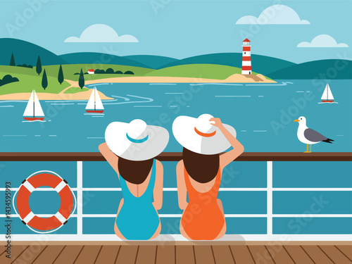 Summer holiday vacation scene: Two women in bikini enjoy the ocean view from a cruise ship deck. Flat illustration vector