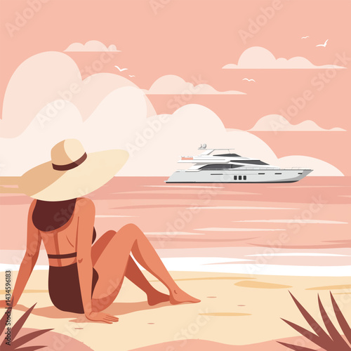 Woman in swimsuit and sunhat enjoying a serene beach view with a luxury yacht on the turquoise sea. This vibrant flat illustration captures a perfect summer escape and tropical vacation scene