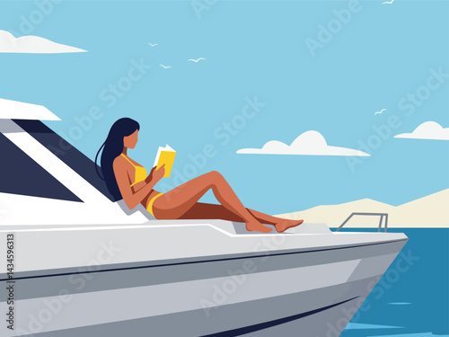 Beautiful woman relaxing and reading a book on a luxury yacht under a clear blue sky. This vibrant flat illustration captures a perfect summer holiday moment at sea