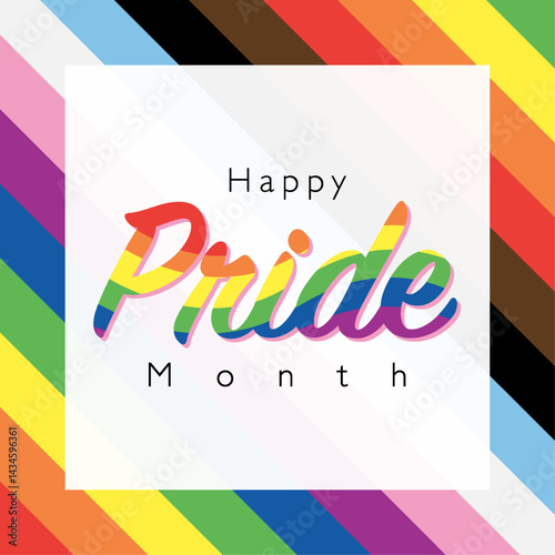 Pride Square Banner with Rainbow Typography Pride Text and White Frame on Progress Pride Flag Color Background