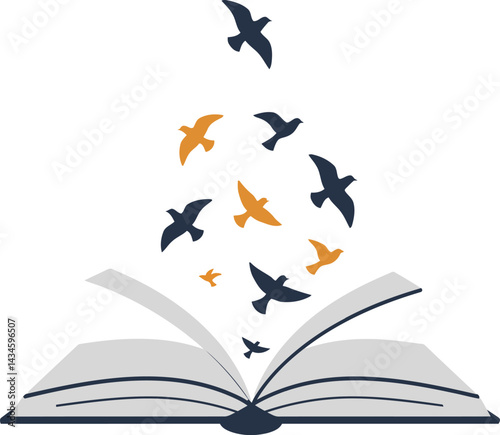 Open book with flying birds symbolizing freedom and imagination in minimalist vector illustration design 