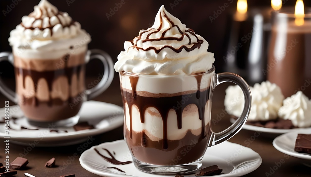 Indulgent hot chocolate with whipped cream drizzled with chocolate syrup, delightful treat. Indulgent hot chocolate with whipped cream drizzled with chocolate syrup, delightful treat.