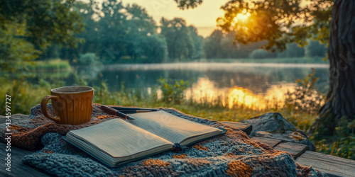 Enjoying a peaceful moment writing in a journal by the lake during sunrise with a warm cup of coffee