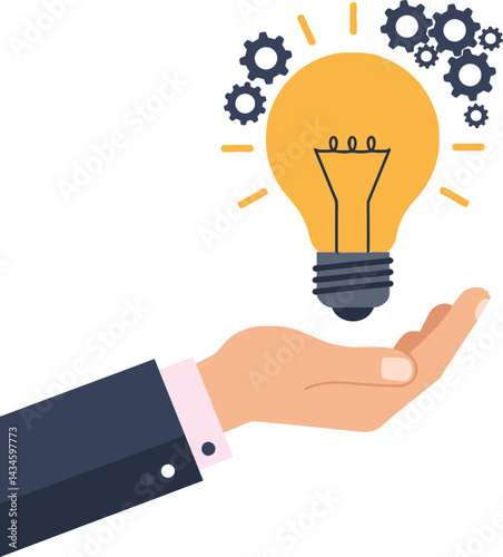 Hand Holding Bright Yellow Light Bulb with Black Gears Symbolizing Innovation and Ideas Vector Illustration